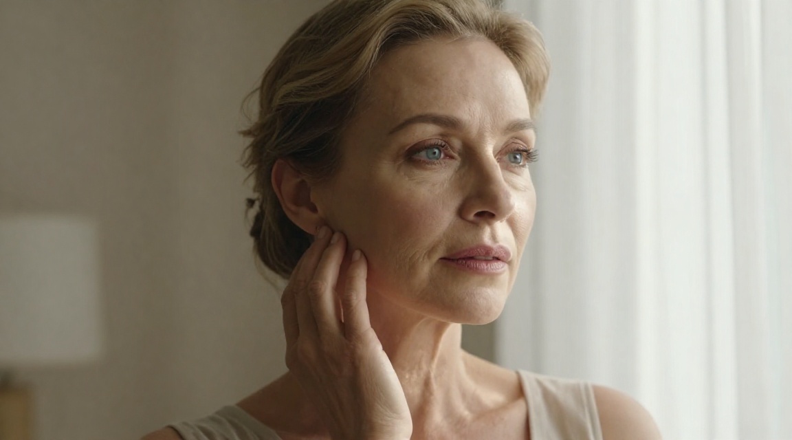 Элегантная женщина рассматривает своё отражение, принимая решение о круговой подтяжке лица